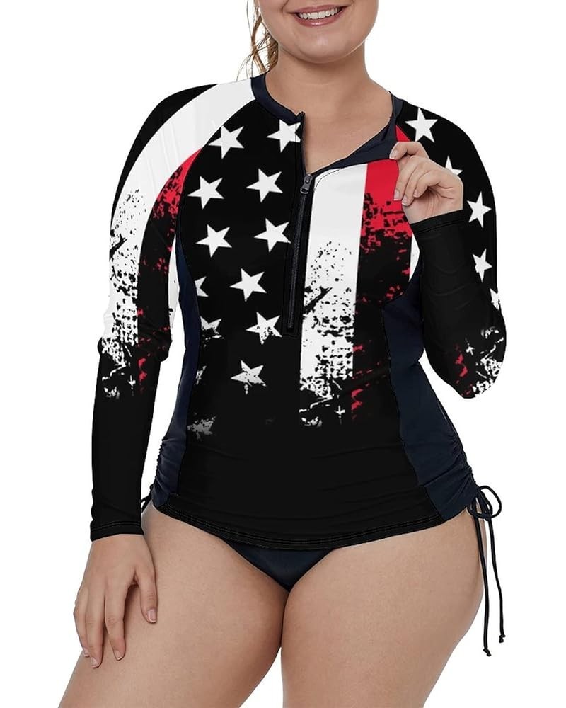 Women's Plus Size Zip-Front Multicolor Striped Long Sleeve Tankini Rashguard Top XL-4XL Black Us Flag $10.75 Swimsuits