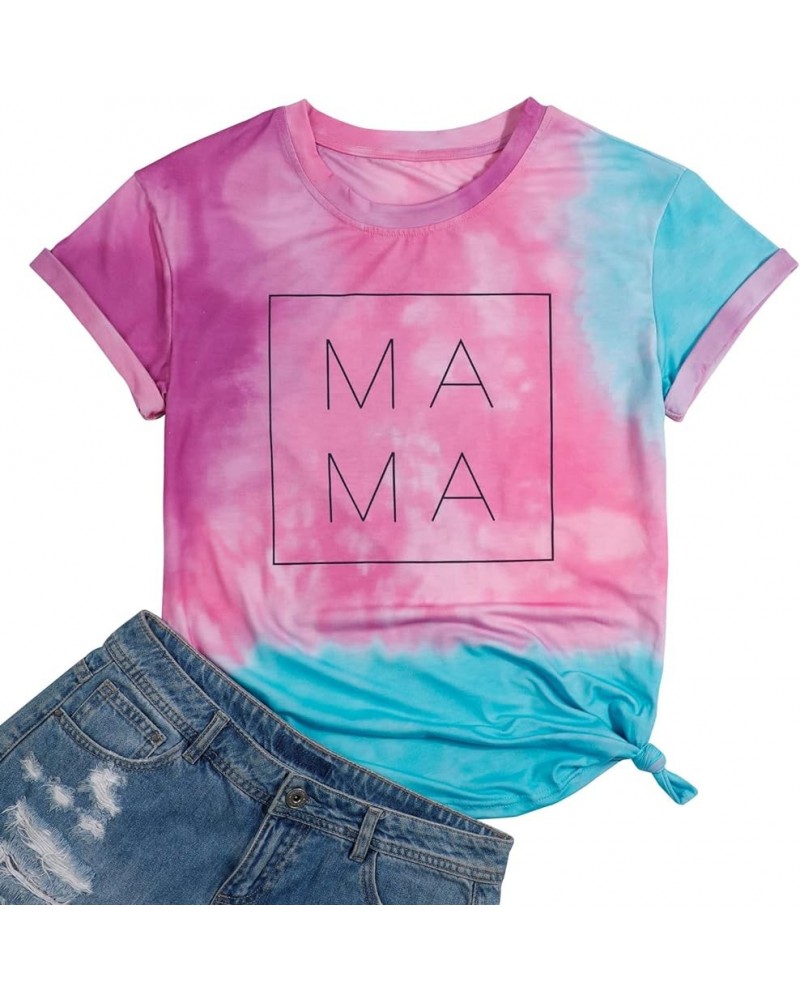 Tie Dye Shirt Women Mom Life Tshirts Mama Letter Printed Clothes Casual Short Sleeve Tees Tops Pink Blue $13.50 T-Shirts