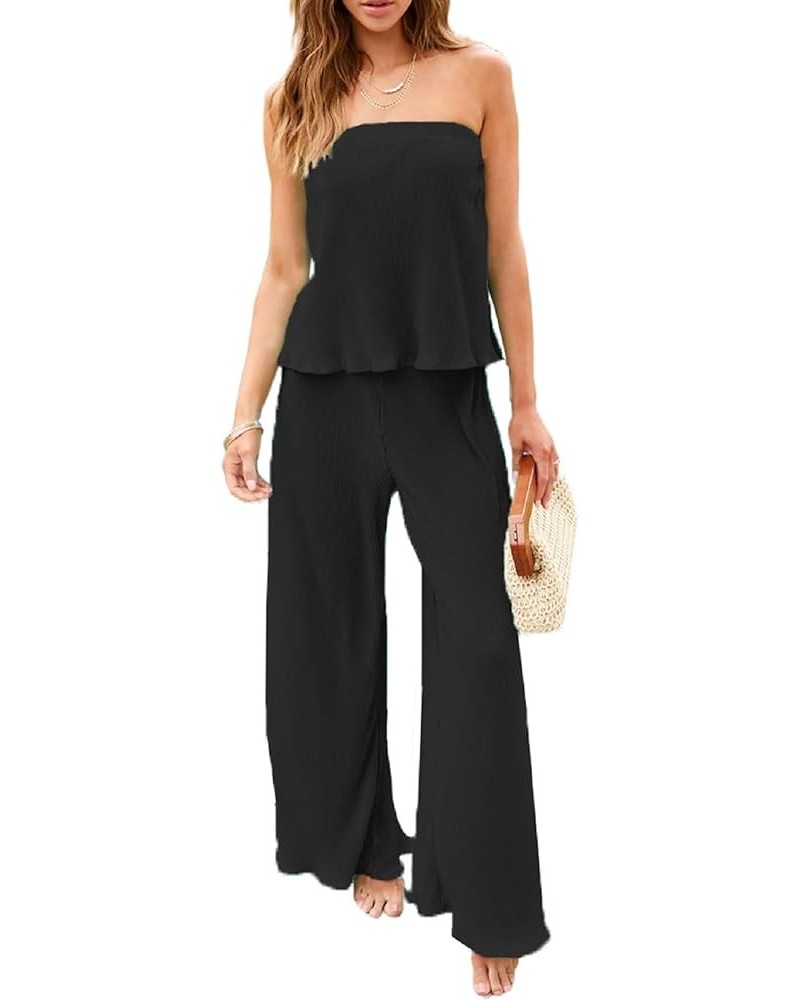 Women Y2k 2 Piece Pants Sets Off Shoulder Strapless Tube Tops Wide Leg Long Trousers Stretchy Two Piece Outfit D-black Four $...