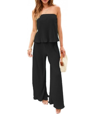 Women Y2k 2 Piece Pants Sets Off Shoulder Strapless Tube Tops Wide Leg Long Trousers Stretchy Two Piece Outfit D-black Four $...