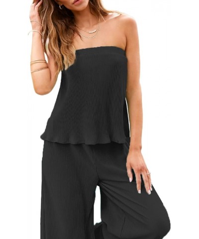 Women Y2k 2 Piece Pants Sets Off Shoulder Strapless Tube Tops Wide Leg Long Trousers Stretchy Two Piece Outfit D-black Four $...