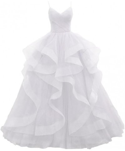 Prom-Dresses-Long-Ball-Gown Tulle Glitter Spaghetti Straps Tiered Puffy Evening Gowns White $37.96 Dresses