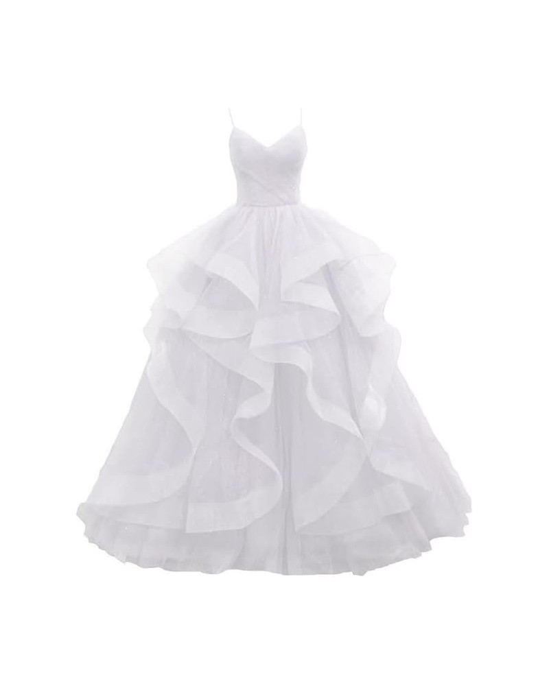 Prom-Dresses-Long-Ball-Gown Tulle Glitter Spaghetti Straps Tiered Puffy Evening Gowns White $37.96 Dresses