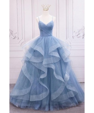 Prom-Dresses-Long-Ball-Gown Tulle Glitter Spaghetti Straps Tiered Puffy Evening Gowns White $37.96 Dresses