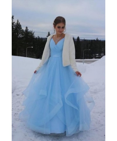 Prom-Dresses-Long-Ball-Gown Tulle Glitter Spaghetti Straps Tiered Puffy Evening Gowns White $37.96 Dresses