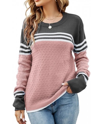 Women's Long Sleeve Cute Stripe Patchwork Knitted Pullover Sweater Pink $17.60 Sweaters