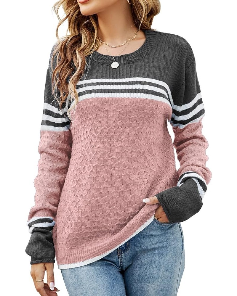 Women's Long Sleeve Cute Stripe Patchwork Knitted Pullover Sweater Pink $17.60 Sweaters