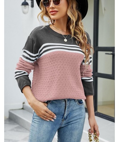 Women's Long Sleeve Cute Stripe Patchwork Knitted Pullover Sweater Pink $17.60 Sweaters