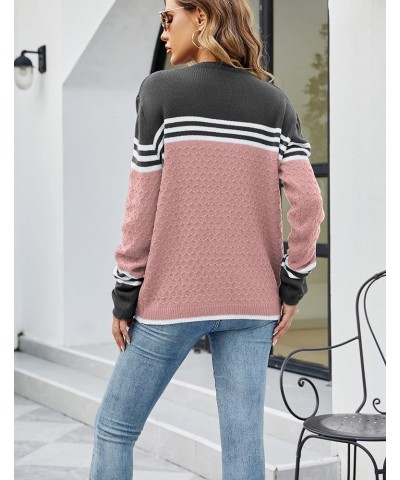 Women's Long Sleeve Cute Stripe Patchwork Knitted Pullover Sweater Pink $17.60 Sweaters