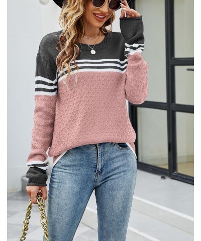 Women's Long Sleeve Cute Stripe Patchwork Knitted Pullover Sweater Pink $17.60 Sweaters