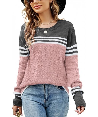 Women's Long Sleeve Cute Stripe Patchwork Knitted Pullover Sweater Pink $17.60 Sweaters