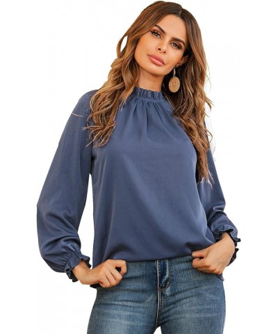 Women's Frill Mock Neck Flounce Long Sleeve Solid Blouse Office Shirt Top Dusty Blue $18.23 Blouses