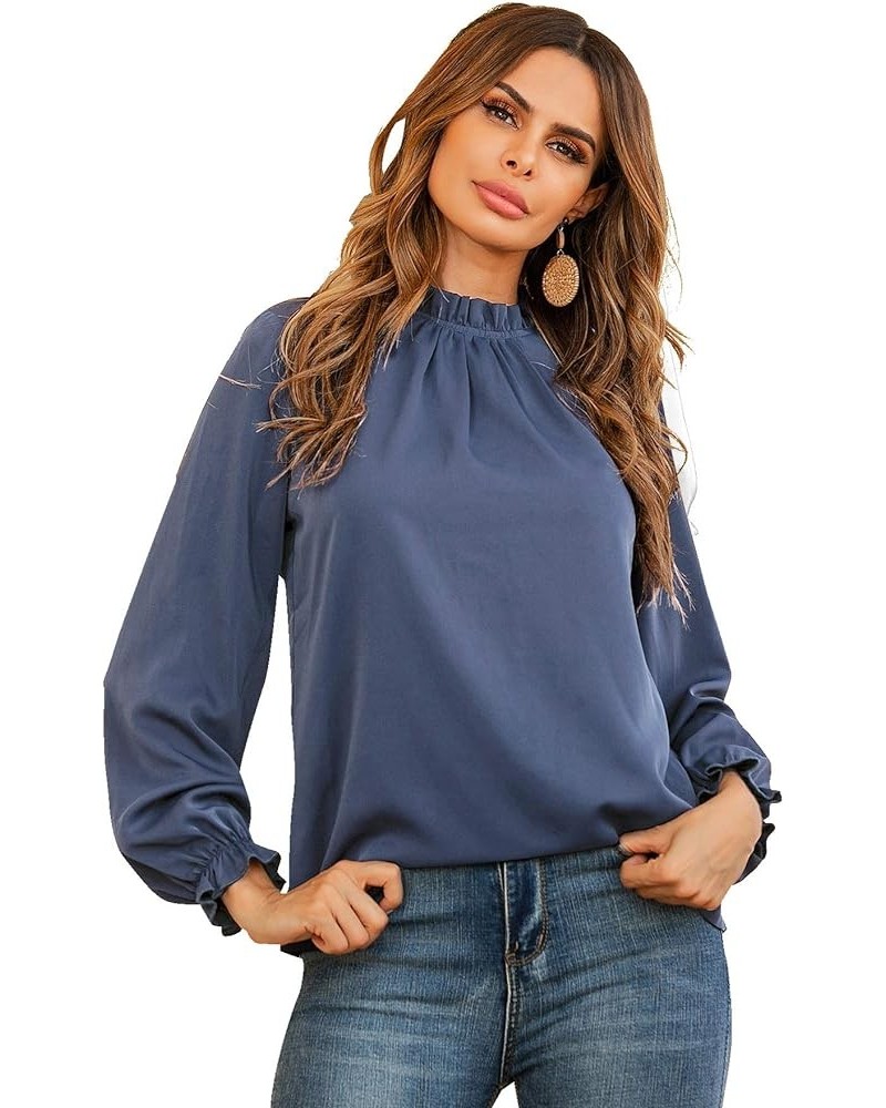 Women's Frill Mock Neck Flounce Long Sleeve Solid Blouse Office Shirt Top Dusty Blue $18.23 Blouses