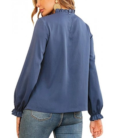 Women's Frill Mock Neck Flounce Long Sleeve Solid Blouse Office Shirt Top Dusty Blue $18.23 Blouses