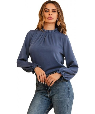 Women's Frill Mock Neck Flounce Long Sleeve Solid Blouse Office Shirt Top Dusty Blue $18.23 Blouses