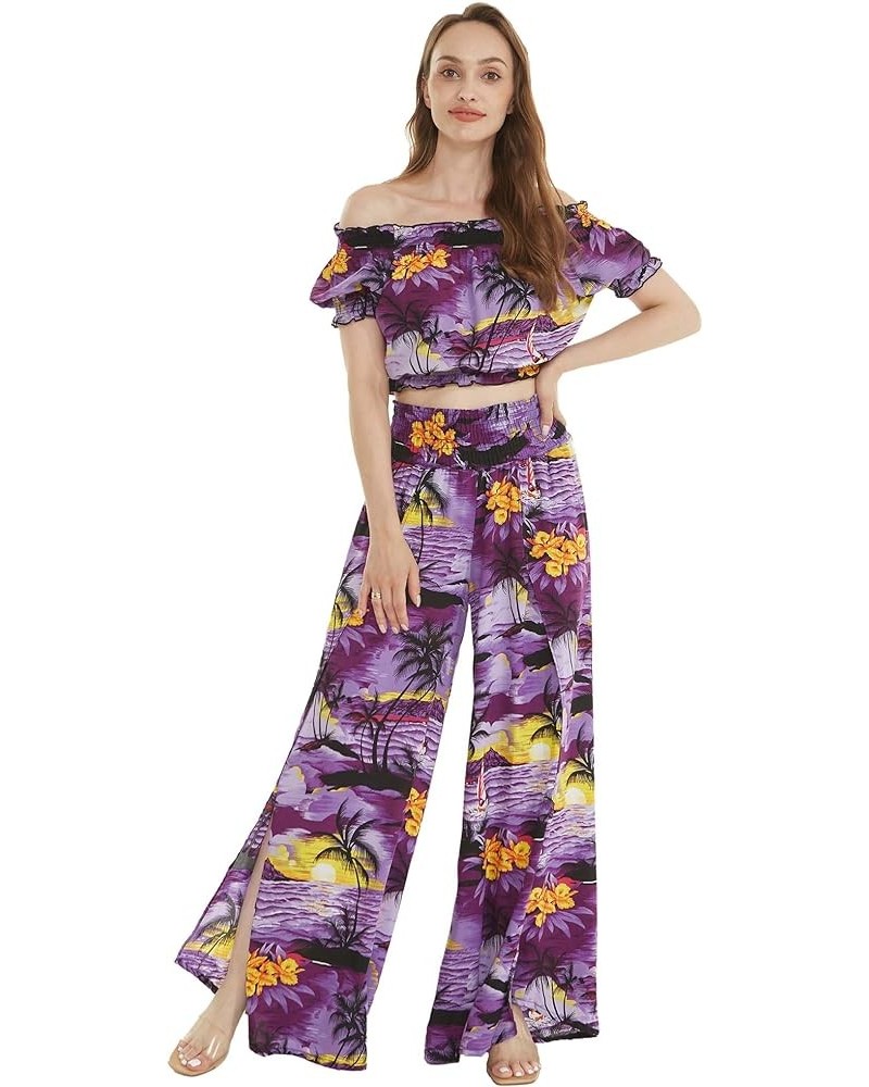 Matchable Women's Hawaiian Print Smock Top and Wide Leg Pants in Sunset Purple Women Smock Top $21.45 Pants