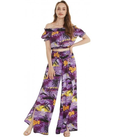 Matchable Women's Hawaiian Print Smock Top and Wide Leg Pants in Sunset Purple Women Smock Top $21.45 Pants