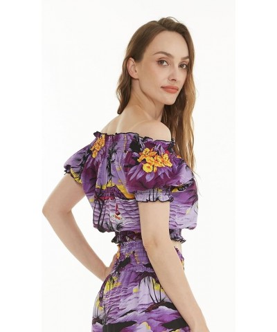 Matchable Women's Hawaiian Print Smock Top and Wide Leg Pants in Sunset Purple Women Smock Top $21.45 Pants