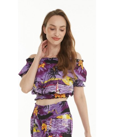 Matchable Women's Hawaiian Print Smock Top and Wide Leg Pants in Sunset Purple Women Smock Top $21.45 Pants