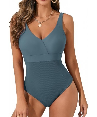 One Piece Bathing Suit for Women High Waist Ribbed Swimsuits V Neck Backless Swimwear T-blue $21.44 Swimsuits