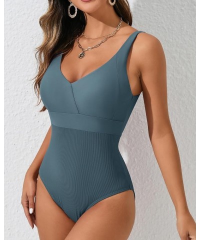 One Piece Bathing Suit for Women High Waist Ribbed Swimsuits V Neck Backless Swimwear T-blue $21.44 Swimsuits