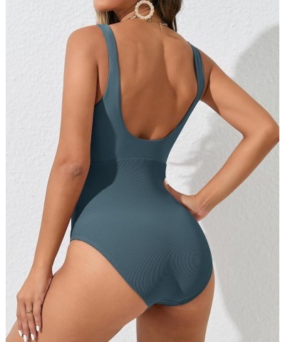 One Piece Bathing Suit for Women High Waist Ribbed Swimsuits V Neck Backless Swimwear T-blue $21.44 Swimsuits