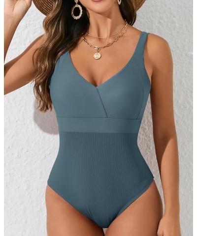 One Piece Bathing Suit for Women High Waist Ribbed Swimsuits V Neck Backless Swimwear T-blue $21.44 Swimsuits