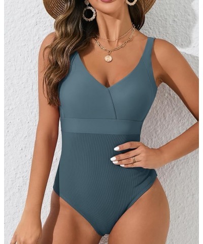 One Piece Bathing Suit for Women High Waist Ribbed Swimsuits V Neck Backless Swimwear T-blue $21.44 Swimsuits