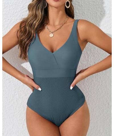 One Piece Bathing Suit for Women High Waist Ribbed Swimsuits V Neck Backless Swimwear T-blue $21.44 Swimsuits