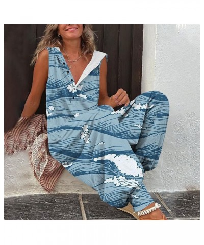 Ladies Jumpsuits And Rompers Wide Leg Casual Solid Color Loose Retro Button Hooded Long Pant Jumpsuit With Pockets 04-blue $1...