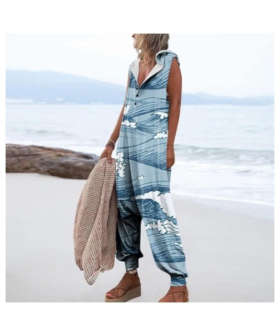 Ladies Jumpsuits And Rompers Wide Leg Casual Solid Color Loose Retro Button Hooded Long Pant Jumpsuit With Pockets 04-blue $1...