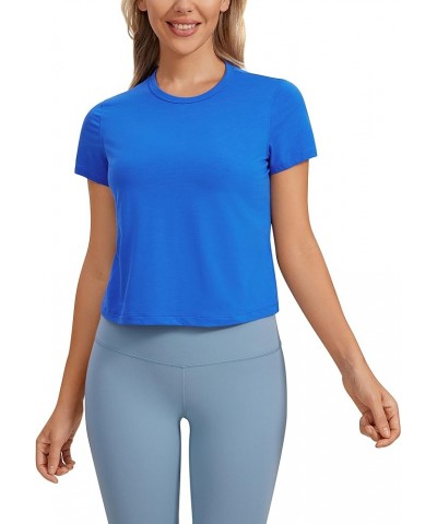 Women's Pima Cotton Short Sleeve Crop Tops High Neck Cropped Workout Tops Yoga Athletic Shirts Casual T-Shirt Strong Blue $16...