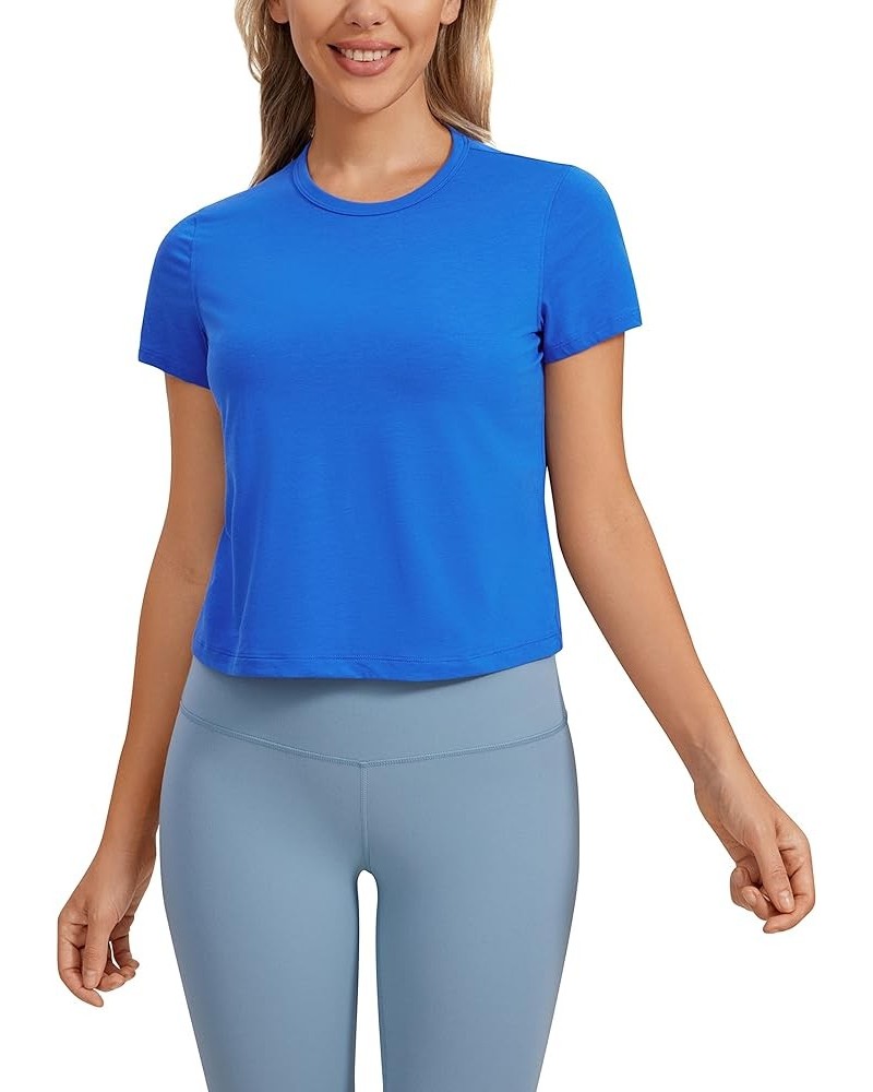 Women's Pima Cotton Short Sleeve Crop Tops High Neck Cropped Workout Tops Yoga Athletic Shirts Casual T-Shirt Strong Blue $16...