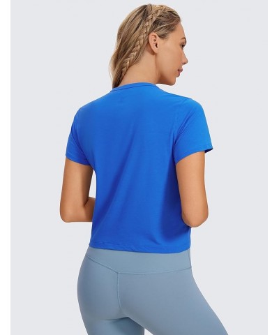 Women's Pima Cotton Short Sleeve Crop Tops High Neck Cropped Workout Tops Yoga Athletic Shirts Casual T-Shirt Strong Blue $16...