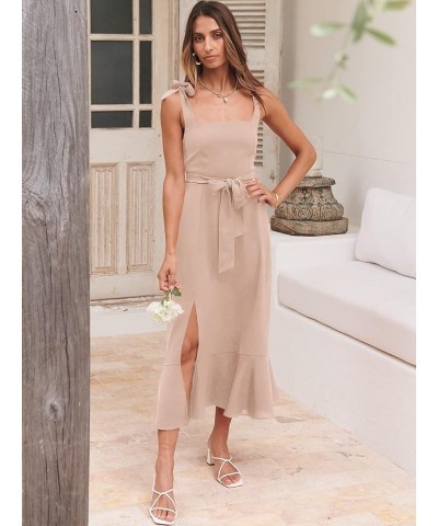 Women's Square Neck Ruffle Split Midi Formal Summer Dress Elegant Wedding Guest Cocktail Party Bridesmaid Dresses Light Pink ...