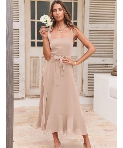 Women's Square Neck Ruffle Split Midi Formal Summer Dress Elegant Wedding Guest Cocktail Party Bridesmaid Dresses Light Pink ...