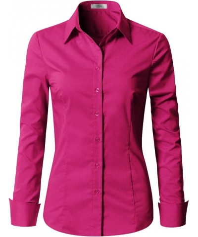 Womens Slim Fit Long Sleeve Stretchy Button Down Collar Shirt Blouse Wbds003-deep Pink $10.75 Blouses