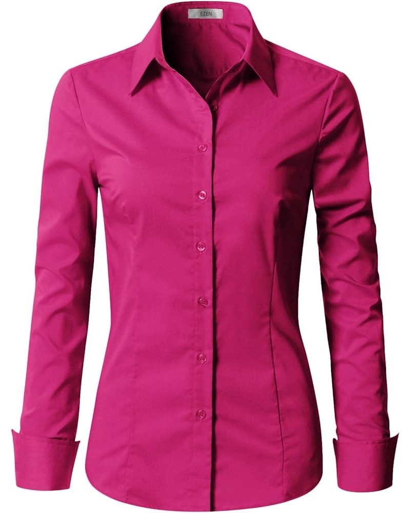 Womens Slim Fit Long Sleeve Stretchy Button Down Collar Shirt Blouse Wbds003-deep Pink $10.75 Blouses