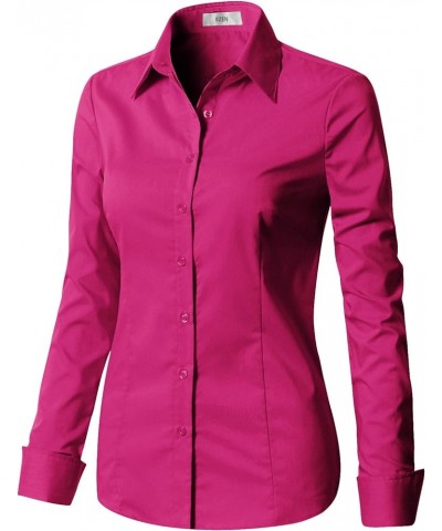 Womens Slim Fit Long Sleeve Stretchy Button Down Collar Shirt Blouse Wbds003-deep Pink $10.75 Blouses