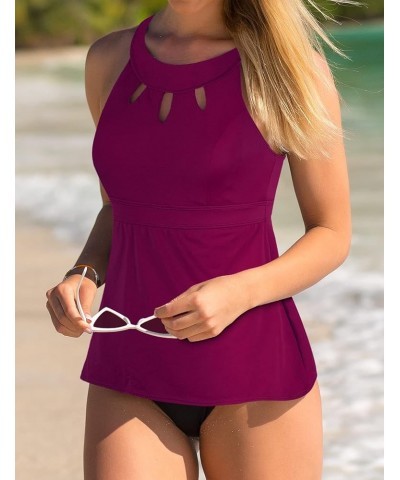 Women's Halter High Neck Tankini Top Key Hole Bathing Suit Fuchsia $12.54 Swimsuits