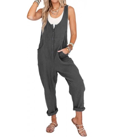 Women's Summer Cotton Linen Jumpsuits Button Down Sleeveless Baggy Overalls Jumpers with Pockets Gray $16.31 Overalls