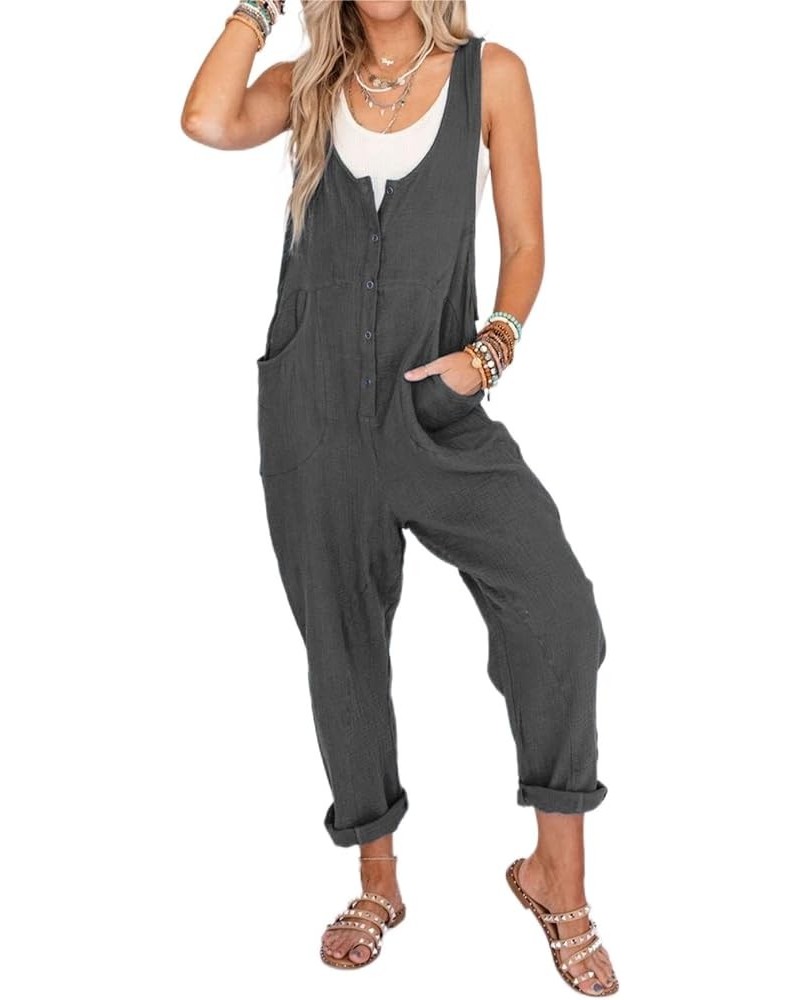 Women's Summer Cotton Linen Jumpsuits Button Down Sleeveless Baggy Overalls Jumpers with Pockets Gray $16.31 Overalls