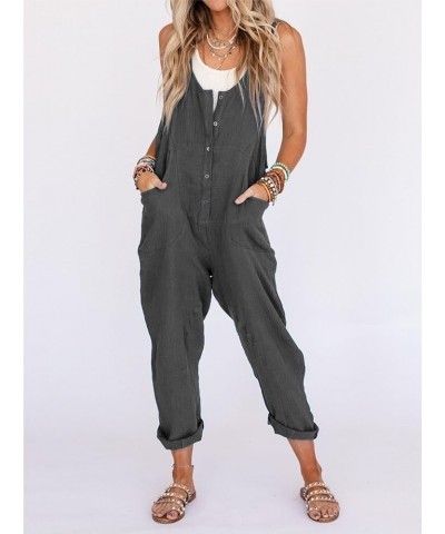 Women's Summer Cotton Linen Jumpsuits Button Down Sleeveless Baggy Overalls Jumpers with Pockets Gray $16.31 Overalls