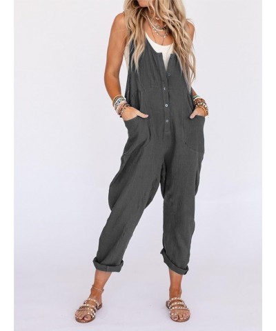 Women's Summer Cotton Linen Jumpsuits Button Down Sleeveless Baggy Overalls Jumpers with Pockets Gray $16.31 Overalls