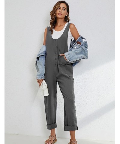 Women's Summer Cotton Linen Jumpsuits Button Down Sleeveless Baggy Overalls Jumpers with Pockets Gray $16.31 Overalls