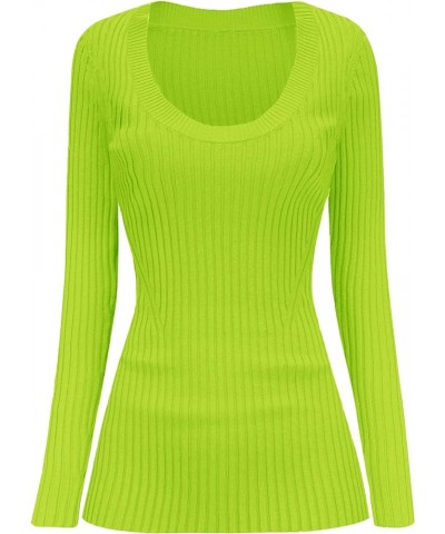 Women Scoop Neck U-Neck Knit Long Sleeve Slim Fit Ribbed Sweater Tops U-neck Lime $17.58 Sweaters