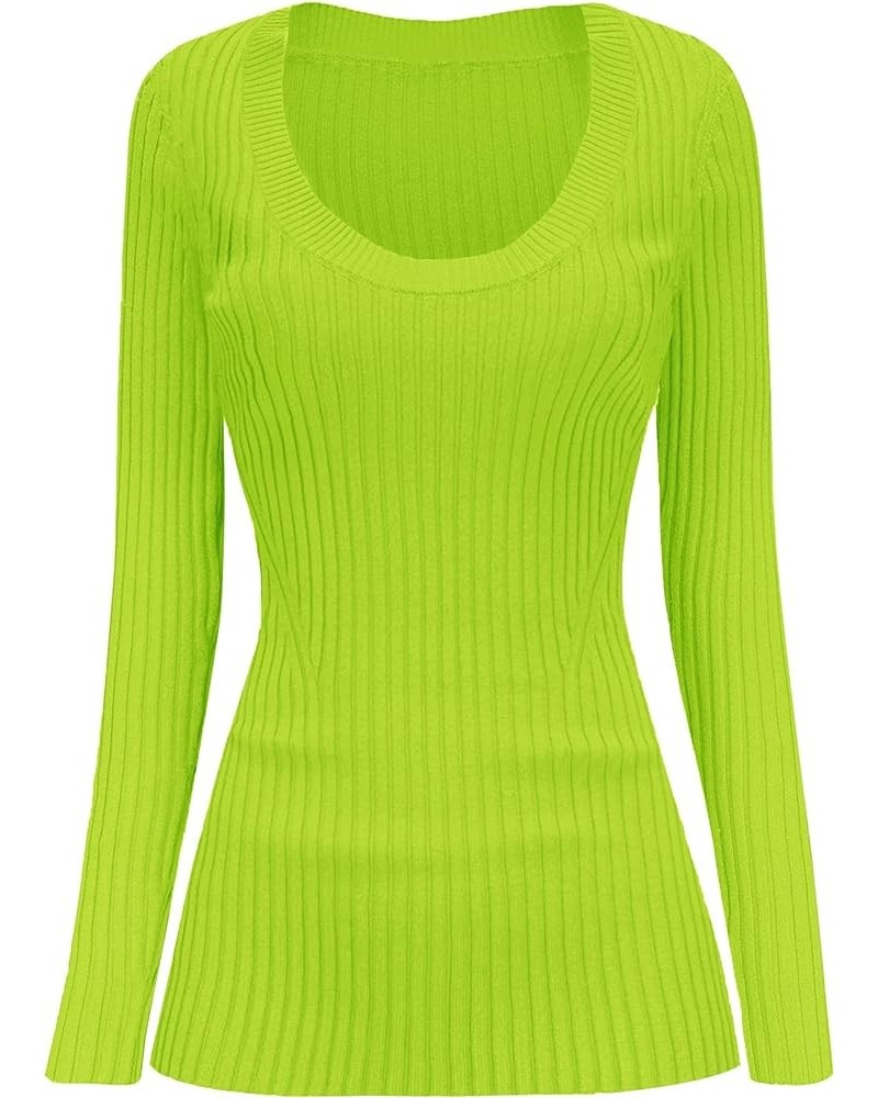 Women Scoop Neck U-Neck Knit Long Sleeve Slim Fit Ribbed Sweater Tops U-neck Lime $17.58 Sweaters