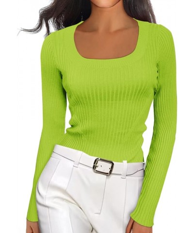 Women Scoop Neck U-Neck Knit Long Sleeve Slim Fit Ribbed Sweater Tops U-neck Lime $17.58 Sweaters