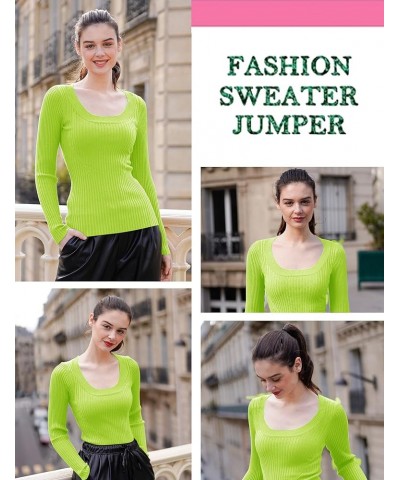 Women Scoop Neck U-Neck Knit Long Sleeve Slim Fit Ribbed Sweater Tops U-neck Lime $17.58 Sweaters