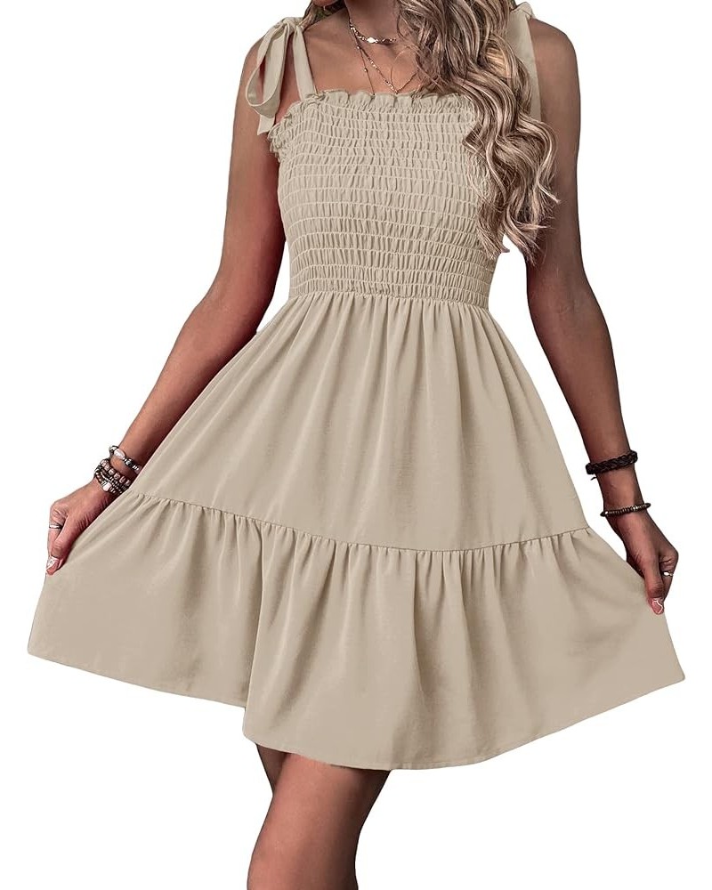 Women's Tie Shoulder Smocked Shirred Ruffle Hem Sleeveless A Line Swing Short Dress Z Khaki $20.09 Dresses